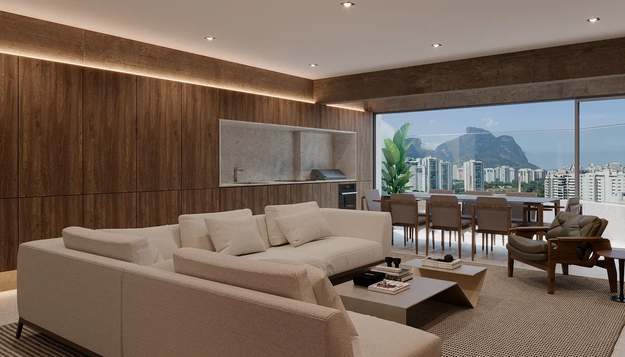 Projeto de decoração: sala de estar com espaço gourmet e vista