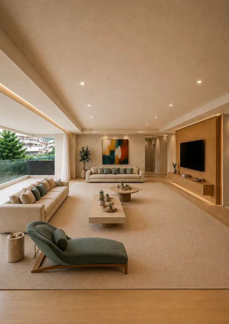 Projeto ilustrativo: living em tons claros, com chaise e painel de TV em madeira