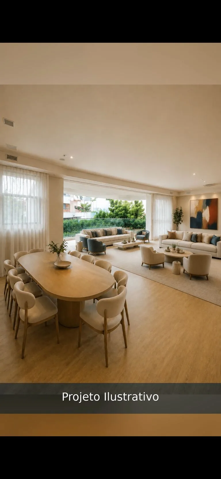Projeto ilustrativo: sala de jantar e living integrados, com mesa para doze lugares