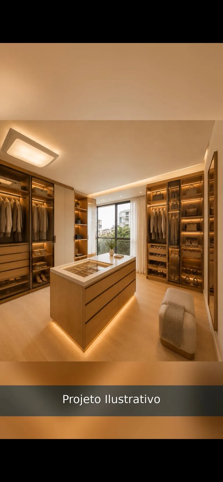 Projeto ilustrativo: closet com ilha central e iluminação embutida