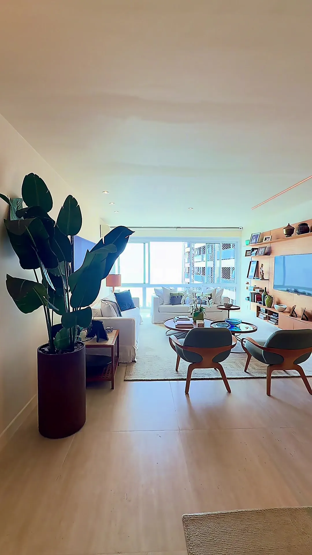 Sala de estar com planta e iluminação em led