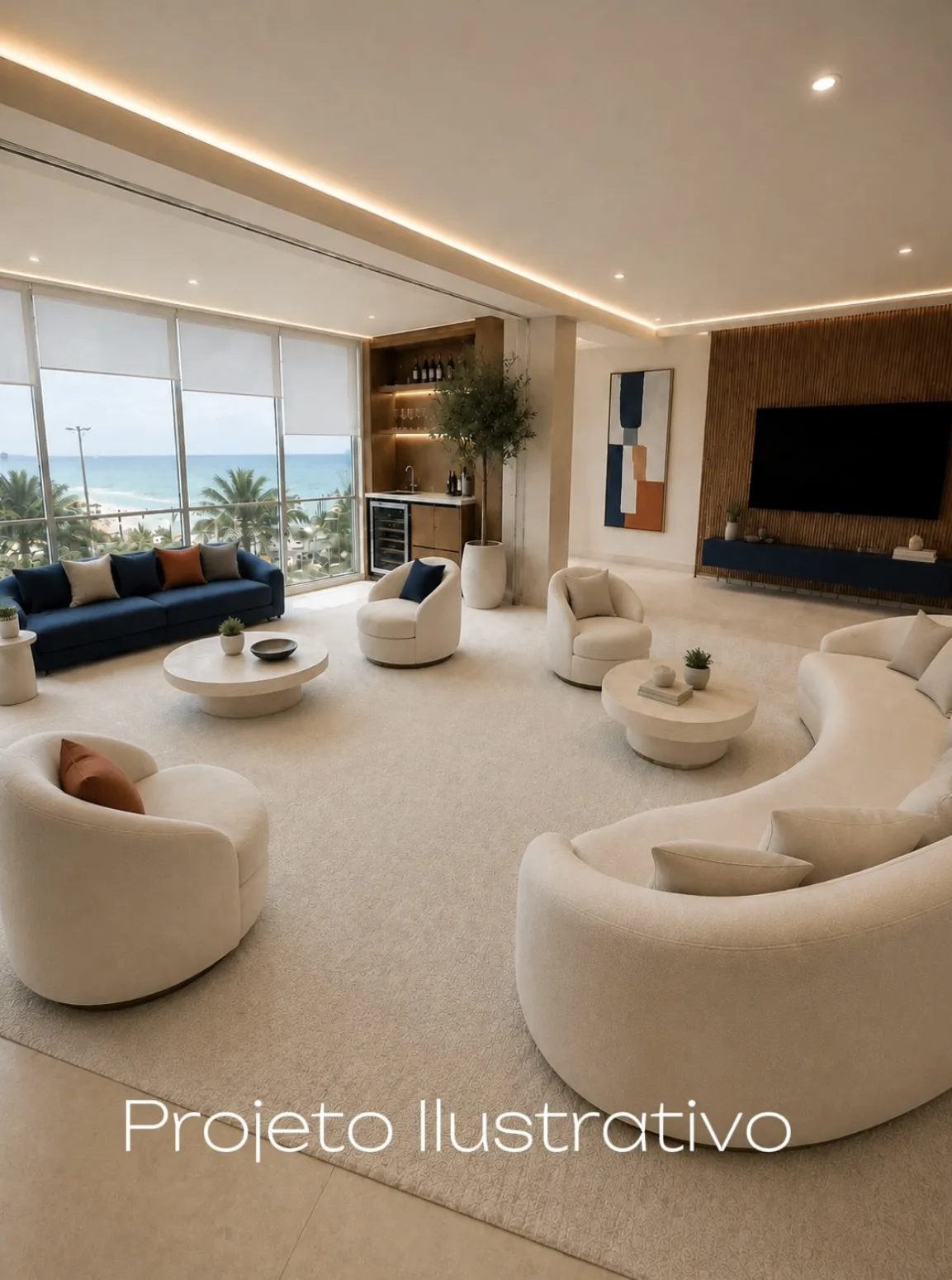 Projeto ilustrativo: living integrado com vista para o mar