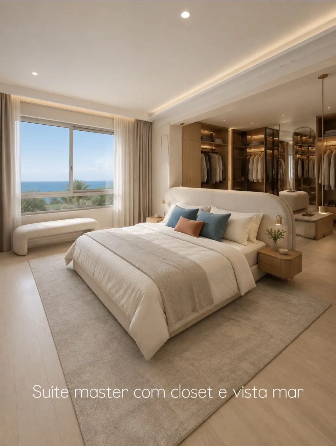Projeto ilustrativo: suíte master com closet e vista mar